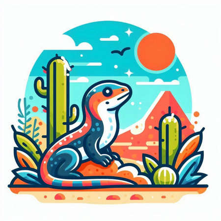 Cute snake in desert with cacti. Vector illustration.のイラスト素材