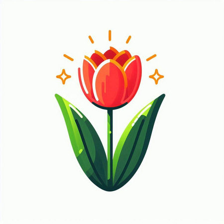 Red tulip with green leaves on a white background. Vector illustration.のイラスト素材