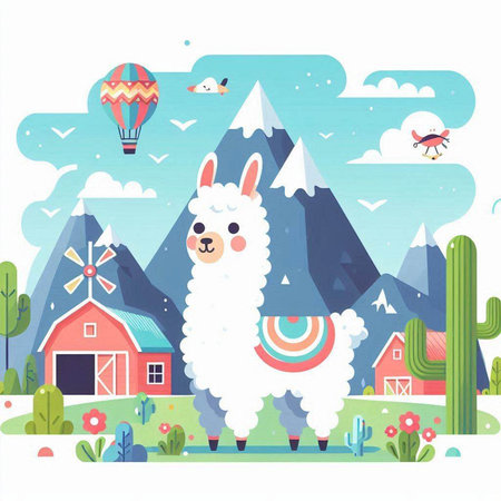 Cute alpaca in the mountains. Vector illustration in flat styleのイラスト素材