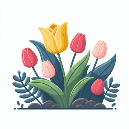 Tulips in the garden. Isolated vector illustration on white background.のイラスト素材