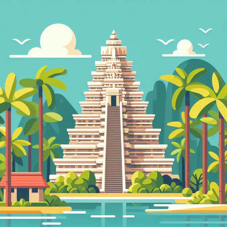 Ancient temple on the beach. Vector illustration in flat cartoon style.のイラスト素材