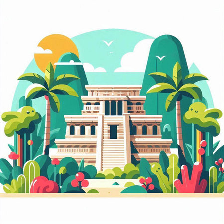 Ancient building in the tropics. Vector illustration in flat style.のイラスト素材