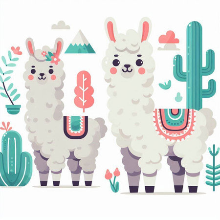 Cute alpaca and cacti. Vector illustration.のイラスト素材