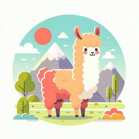 Vector illustration of cute llama in a flat style with mountains and sunのイラスト素材