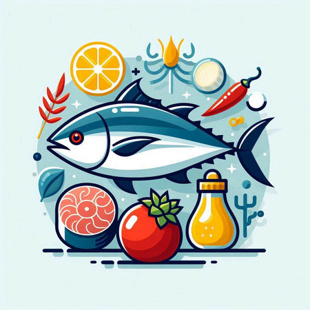 Vector illustration of tuna fish, vegetables and seafood. Healthy food concept.のイラスト素材