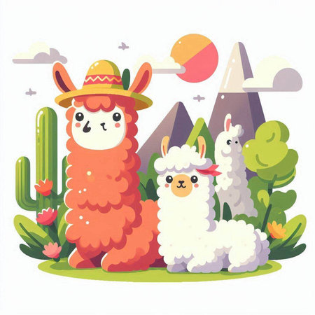 Cute llama and alpaca in the desert. Vector illustrationのイラスト素材