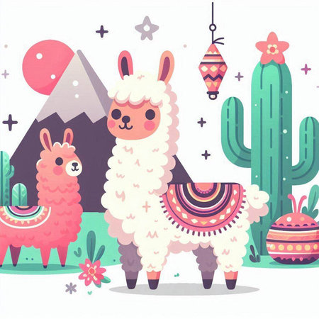 Cute llama, alpaca and cactus. Vector illustrationのイラスト素材