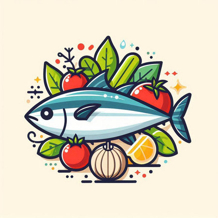Fresh fish with vegetables, herbs and spices. Vector illustration in cartoon style.のイラスト素材