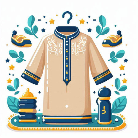 Shirt and accessories in oriental style. Vector illustration in flat style.のイラスト素材