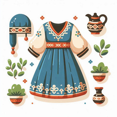 Russian folk costume. Traditional folk clothing. Vector illustration in cartoon style.のイラスト素材
