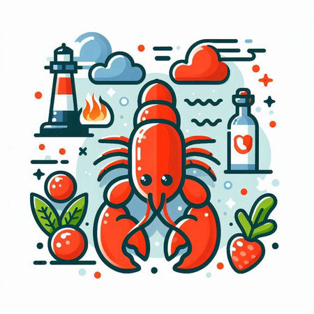 Lobster and sea food. Vector illustration in line style.のイラスト素材