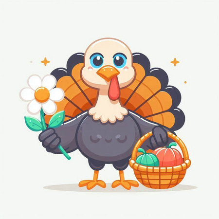 Vector illustration of a cute cartoon turkey with a basket of eggs.のイラスト素材