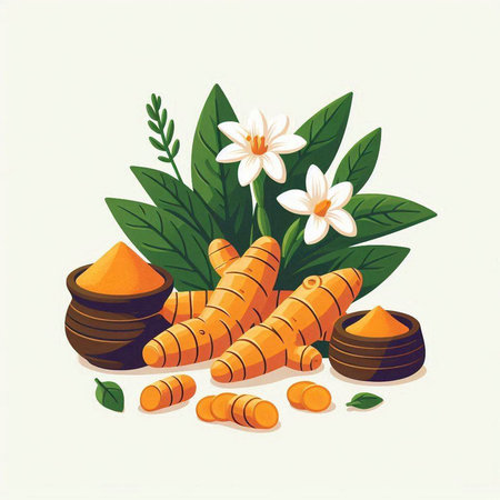 Turmeric, ginger root, leaves and flowers. Vector illustration.のイラスト素材