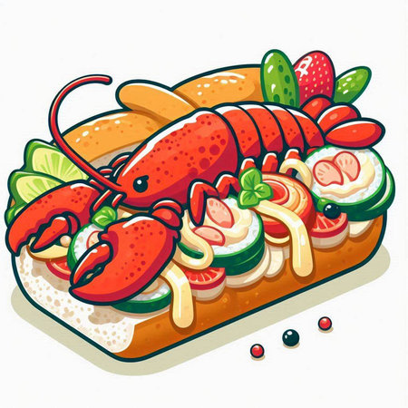 Lobster sandwich with cream cheese, tomato and cucumber. Vector illustration.のイラスト素材