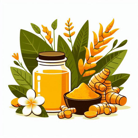 Ginger and turmeric powder in glass jar. Vector illustration.のイラスト素材