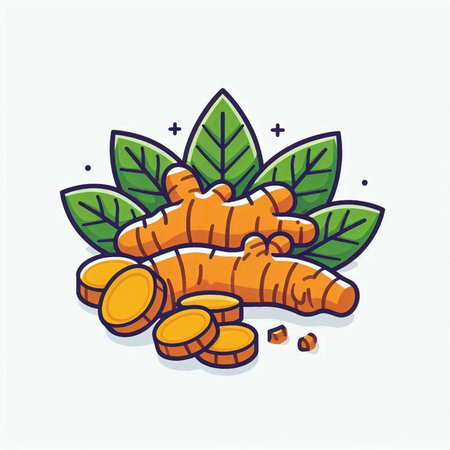 Fresh turmeric root and leaves isolated on white background. Vector illustration.のイラスト素材