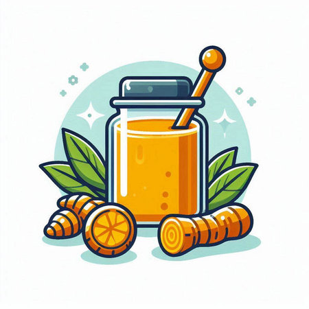Honey jar with turmeric, ginger root and honey stick. Vector illustration.のイラスト素材
