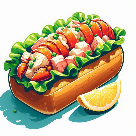 Vector illustration of a hot dog with lettuce, tomatoes and cheese.のイラスト素材