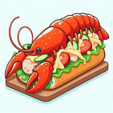 Illustration of a lobster sandwich on a wooden board. Vector illustration.のイラスト素材