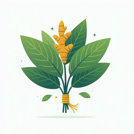 Ginger root and leaves isolated on white background. Vector illustration.のイラスト素材