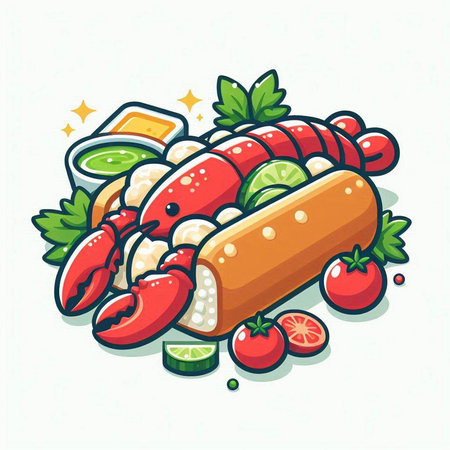 Illustration of delicious hot dog with sauce and vegetables on white backgroundのイラスト素材