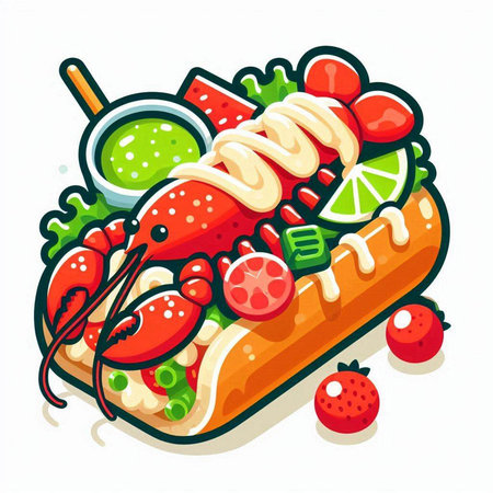 Lobster sandwich. Vector illustration isolated on white background. Cartoon style.のイラスト素材