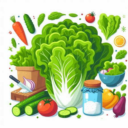 Vegetable set. Cabbage, cucumber, tomato, garlic, pepper, olive oil, lemon, pepper, lettuce, onion. Vector illustrationのイラスト素材