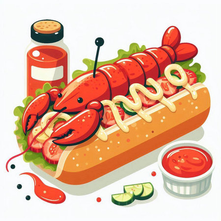 Illustration of a hot dog with mayonnaise and tomato sauceのイラスト素材