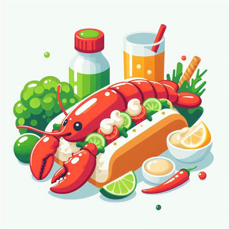 Lobster, ice cream, lemon and vegetables. Vector illustration.のイラスト素材
