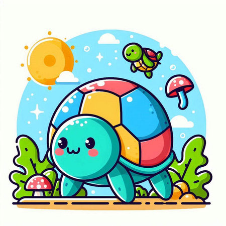 Cute happy turtle playing with a ball in the park. Vector illustrationのイラスト素材