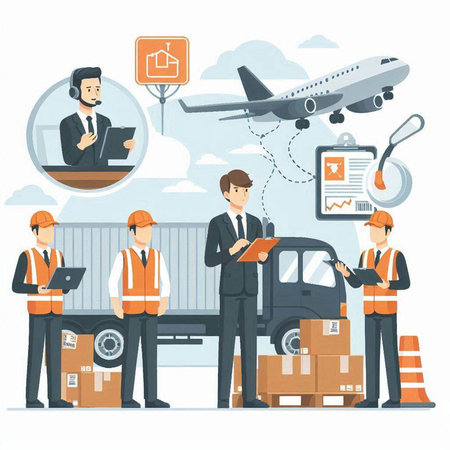 Logistics, transportation and distribution of goods. Vector illustration in flat styleのイラスト素材