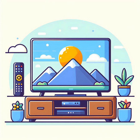 TV on the table in the room. Vector illustration in flat styleのイラスト素材