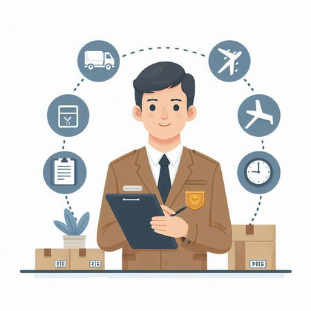 Vector illustration of a man in a brown jacket with a clipboard and boxes.のイラスト素材