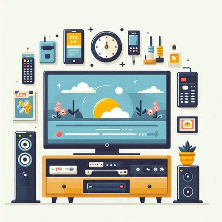 Vector illustration of modern flat design television set with different media icons.のイラスト素材