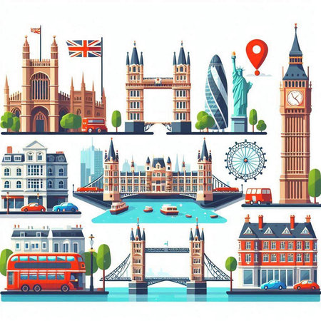 Big Ben, Westminster Bridge, Tower Bridge and London cityscape. Vector illustrationのイラスト素材