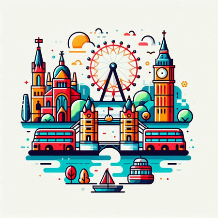 London. Colorful vector illustration in flat linear style. Travel and tourism concept.のイラスト素材