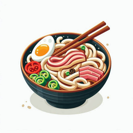 Illustration of Japanese ramen noodle in bowl with chopsticksのイラスト素材
