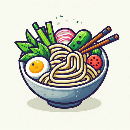 Noodles bowl with chopsticks and vegetables. Vector illustration.のイラスト素材