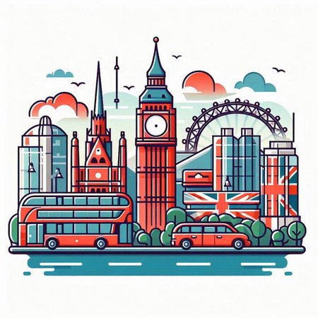 London, United Kingdom. Hand drawn vector illustration in flat style.のイラスト素材