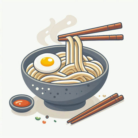 Illustration of a bowl of udon noodles with egg and chopsticksのイラスト素材