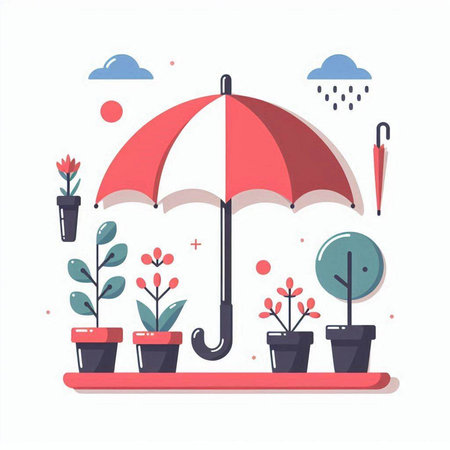 Flat design vector illustration concept of rain protection with umbrella and plants.のイラスト素材