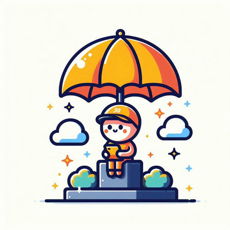 Cute boy with umbrella. Vector illustration in flat cartoon style.のイラスト素材
