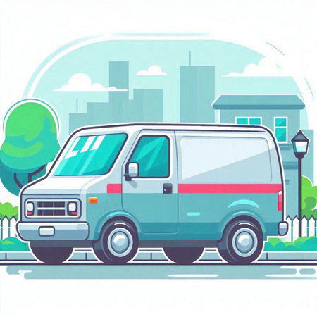 Van on the city street. Vector illustration in flat design style.のイラスト素材