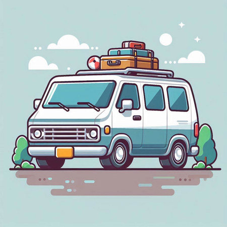 Vector illustration of a white van with luggage on the roof. Retro style.のイラスト素材