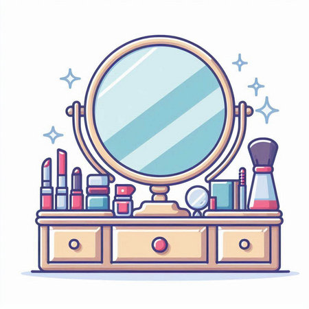 Vector illustration of a makeup mirror and cosmetics on a dressing table.のイラスト素材