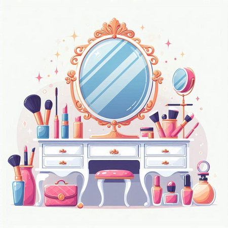 Vector illustration of a dressing table with a mirror, makeup products and cosmeticsのイラスト素材