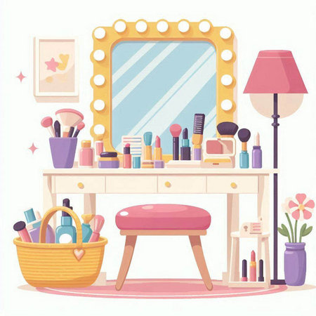 Vector illustration of a dressing room with a dressing table, mirror, cosmetics and a basket of cosmetics.のイラスト素材