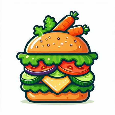 Cartoon hamburger with vegetables isolated on white background. Vector illustration.のイラスト素材