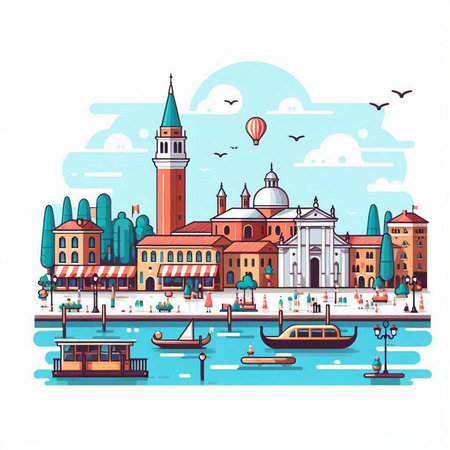 Venice, Italy. Cityscape with famous landmarks. Vector illustrationのイラスト素材