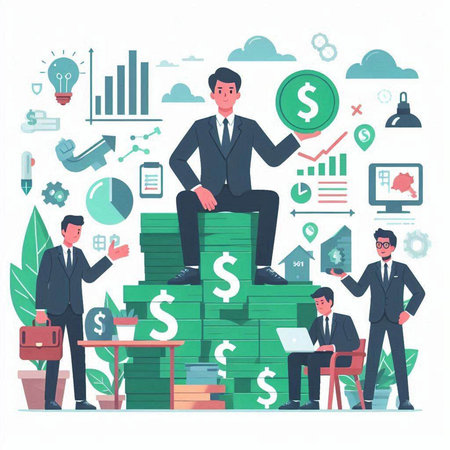 Businessman sitting on a pile of money. Vector illustration in flat styleのイラスト素材